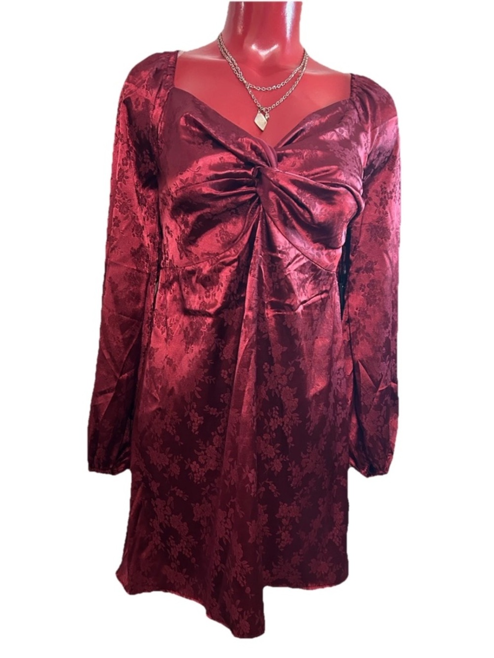 MARY & MO BURGUNDY FLORAL EMBOSSED COTTAGECORE DRESS-JUNIORS SIZE XL-KNOT BODICE